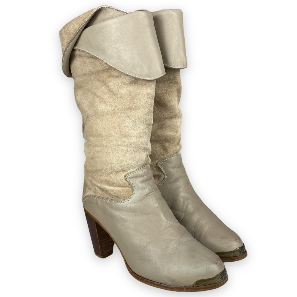 Vintage Zodiac Sz 8 70s Suede Leather Western Heeled Fold-Over Boots